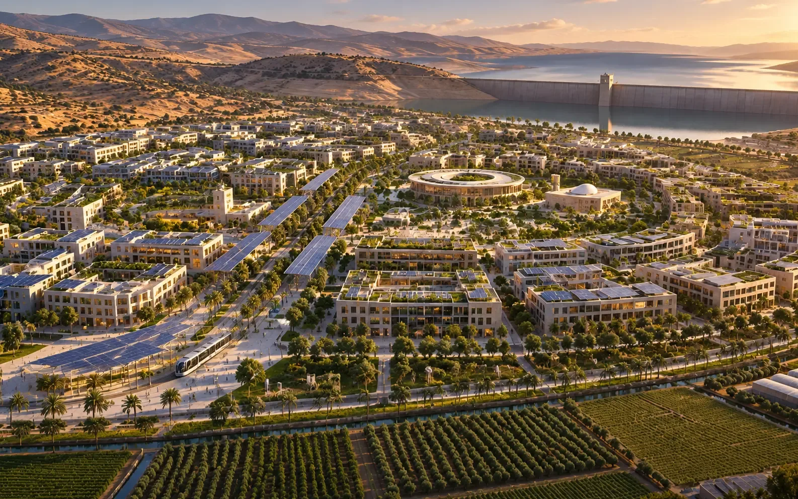Ciudad futurista y sustentable junto a una gran presa de agua al atardecer