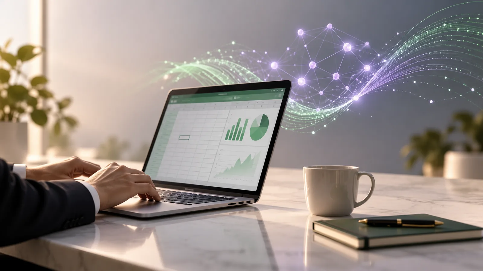 Laptop con hojas de cálculo financieras y efectos de luz que evocan redes de inteligencia artificial